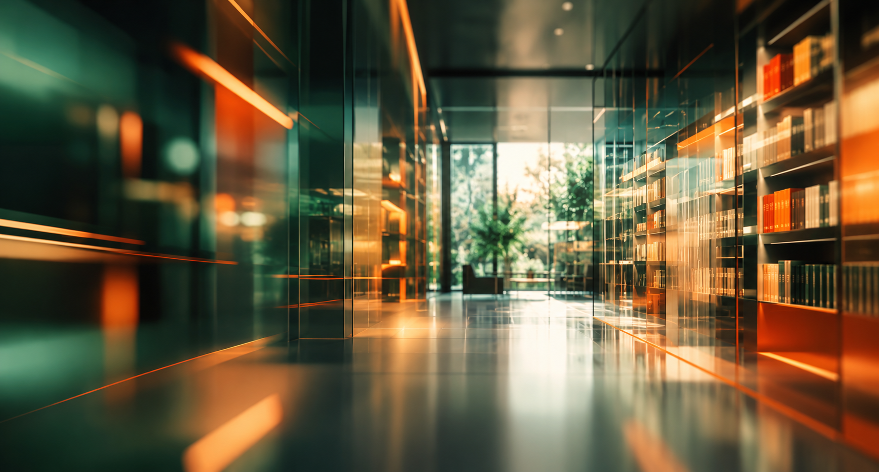 Futuristic Library Corridor In Amber And Teal